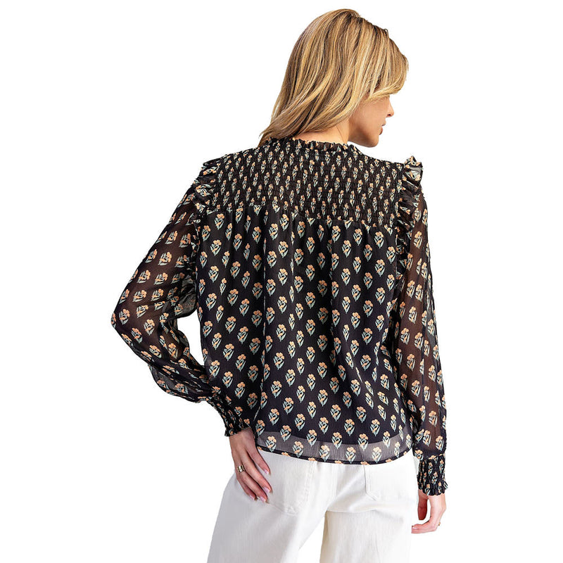 Ee Some Women's Black Bloom Floral Smocked Top