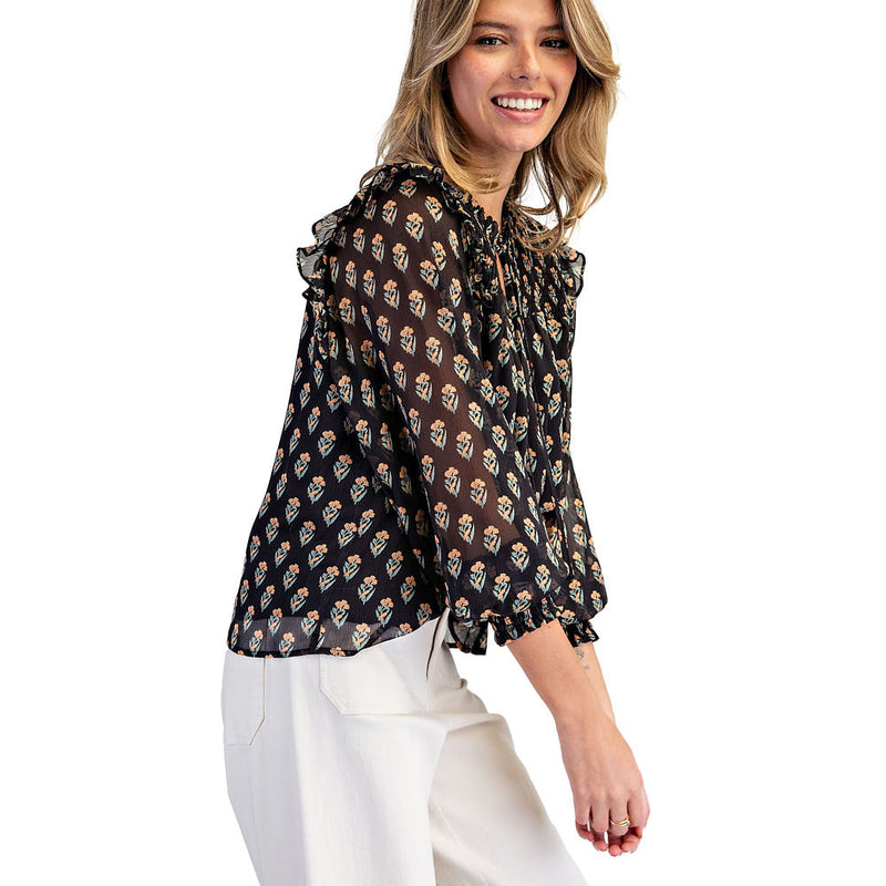 Ee Some Women's Black Bloom Floral Smocked Top