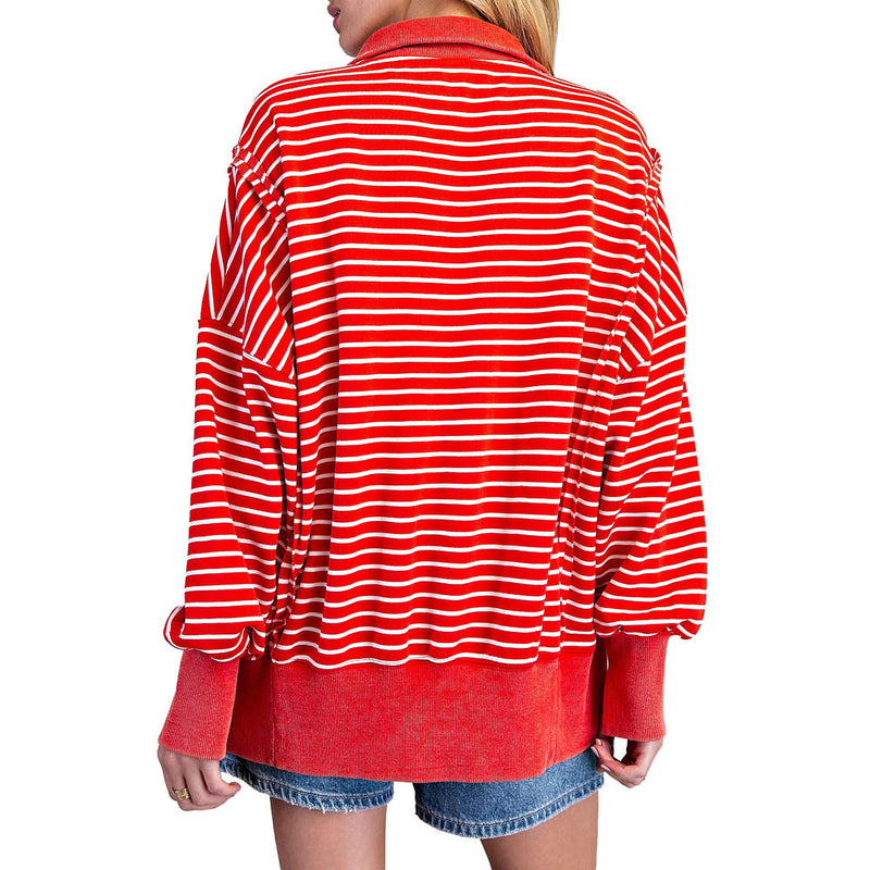 Ee Some Women's Red Striped Snow Washed Pullover