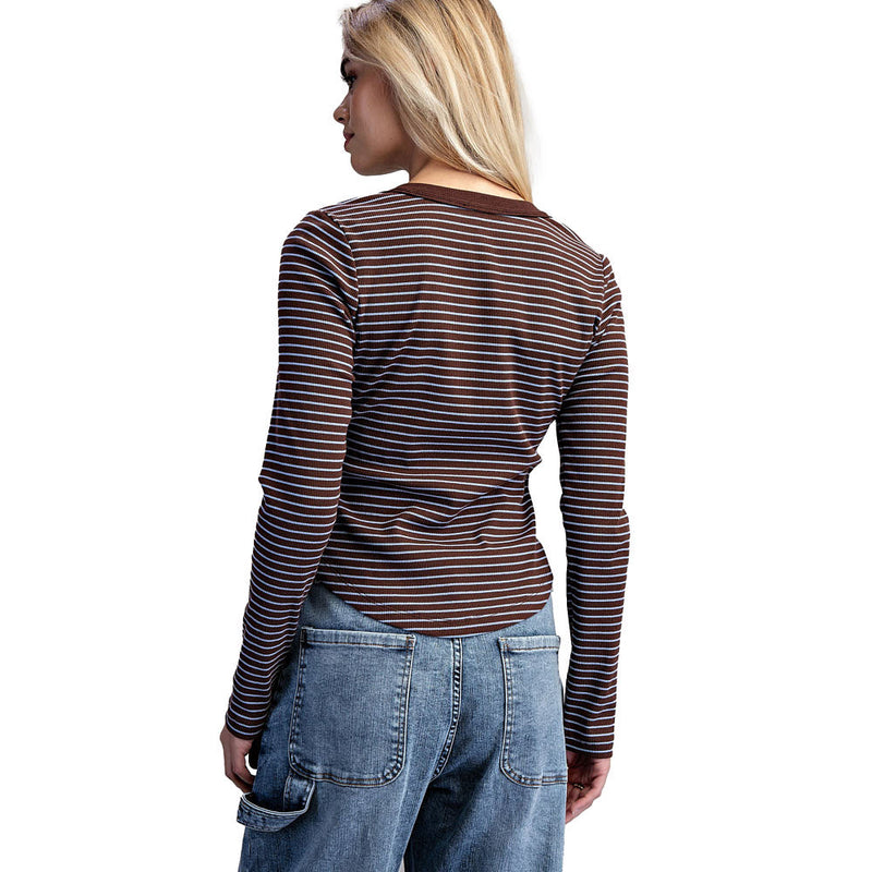 Ee Some Women's Frosted Mocha Striped Henley Top