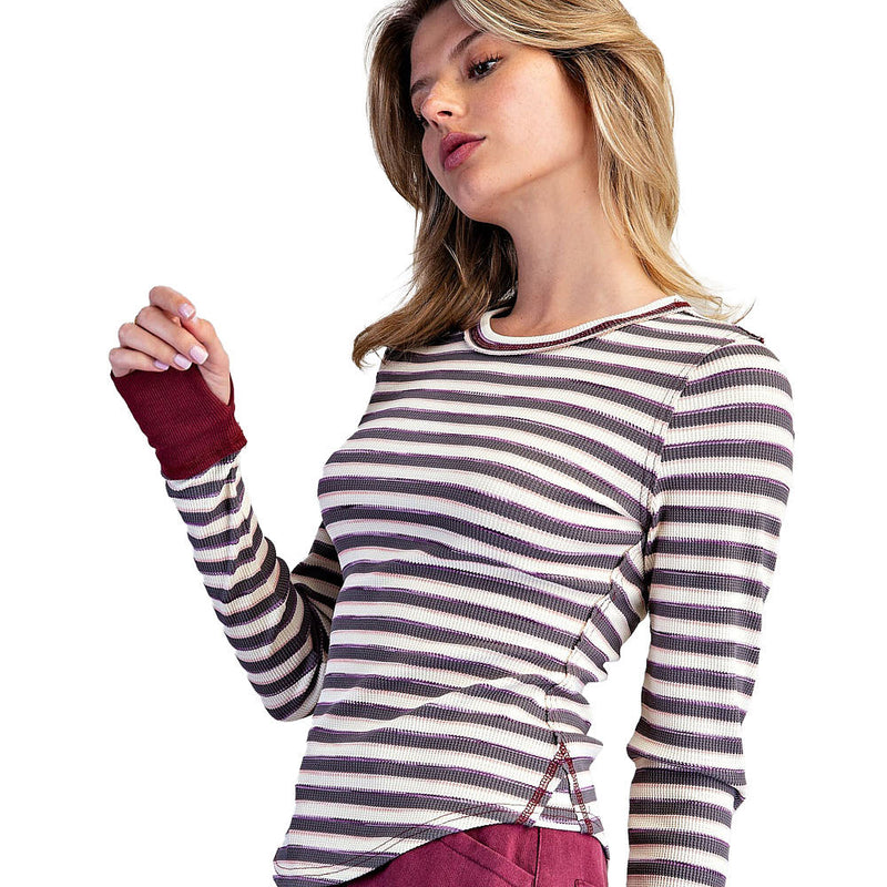 Ee Some Women's Muted Grape Mineral Striped Thermal Top