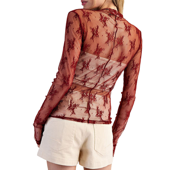 Ee Some Women's Wine Sheer Lace Top