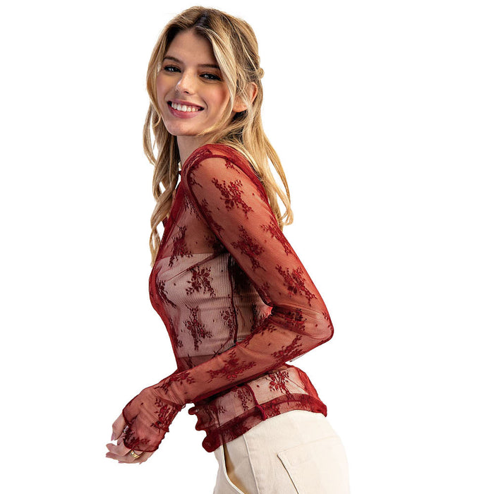 Ee Some Women's Wine Sheer Lace Top