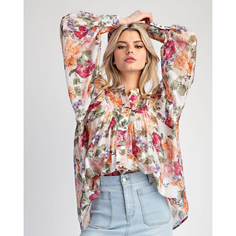 Ee Some Womens Vintage Rose Printed Blouse