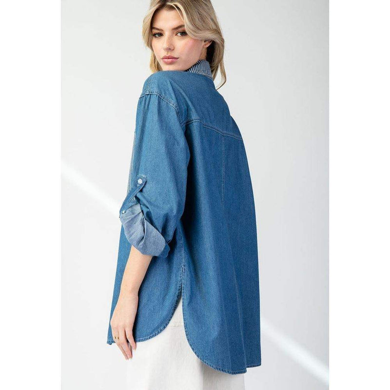 Ee Some Women's Denim Pinstripe Colorblock Top
