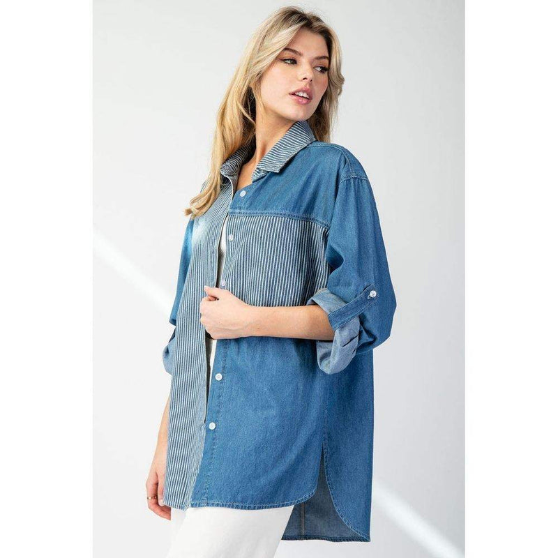 Ee Some Women's Denim Pinstripe Colorblock Top