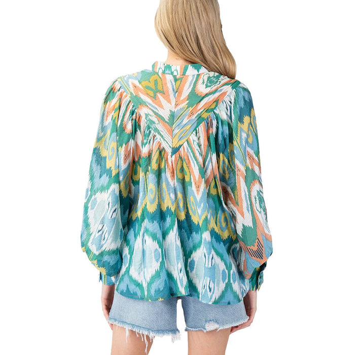 Ee Some Womens Juniper Green Multi Print Blouse