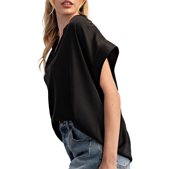 Ee Some Women's Black Silky Finish V-Neck Top