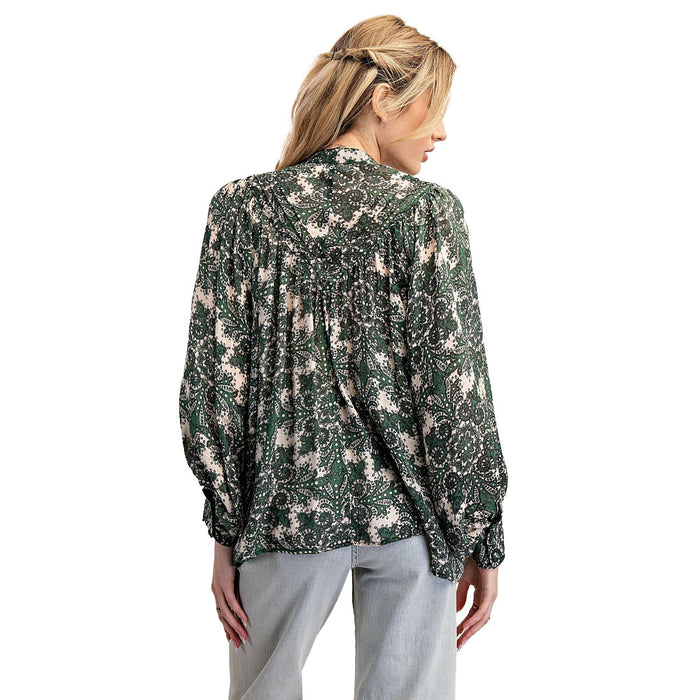 Ee Some Women's Emerald Cream Print Button Blouse