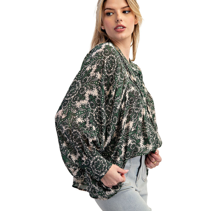 Ee Some Women's Emerald Cream Print Button Blouse