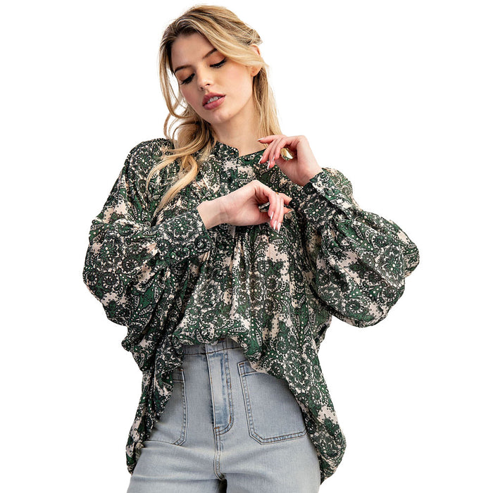Ee Some Women's Emerald Cream Print Button Blouse