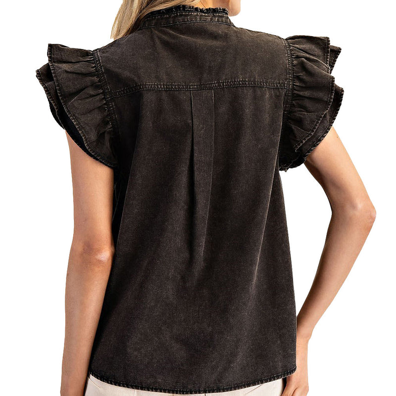 Ee Some Women's Black Washed Denim Ruffle Sleeve Top