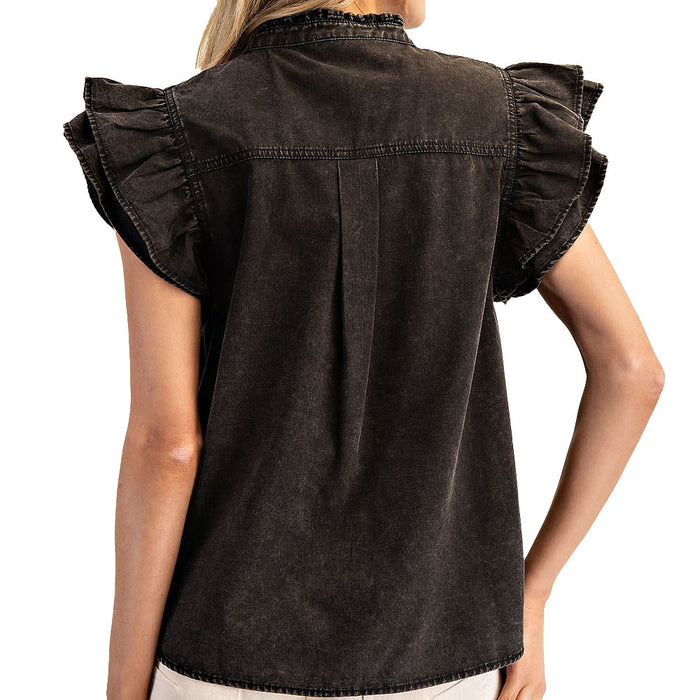 Ee Some Women's Black Washed Denim Ruffle Sleeve Top