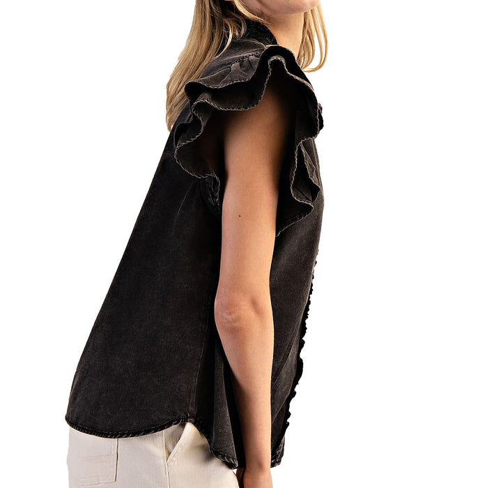 Ee Some Women's Black Washed Denim Ruffle Sleeve Top