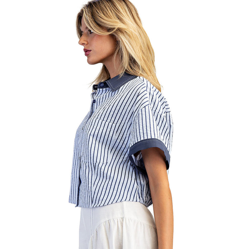 Ee Some Women's Indigo Contrast Striped Top