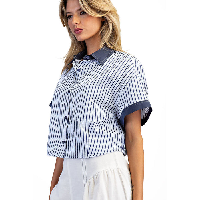 Ee Some Women's Indigo Contrast Striped Top