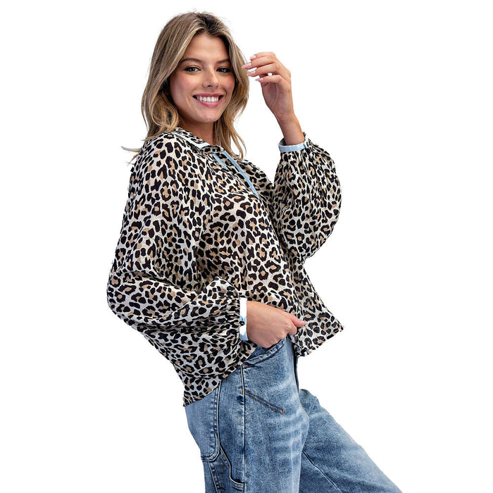Ee Some Women's Leopard Contrast Button Down Blouse