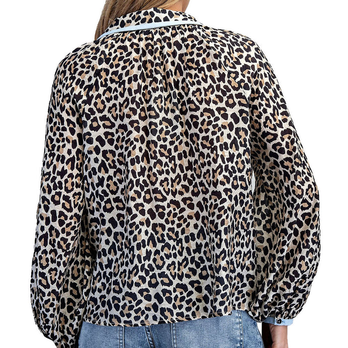 Ee Some Women's Leopard Contrast Button Down Blouse