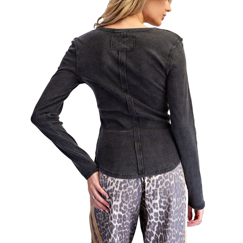 Ee Some Women's Ash Black Mineral Wash Half Button Long Sleeve Top