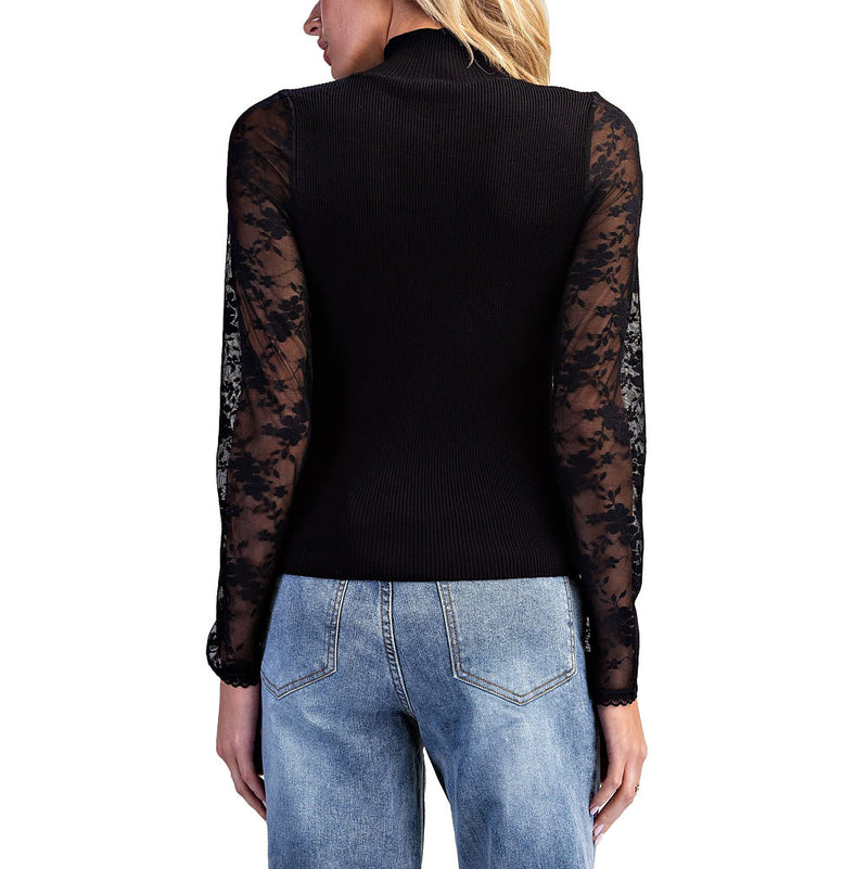 Ee Some Women's Black Mock Neck Lace Knit Top