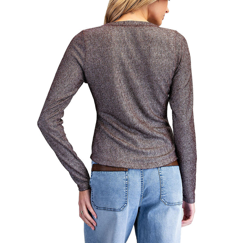 Ee Some Women's Dp Brown Metallic Henley Long Sleeve Top