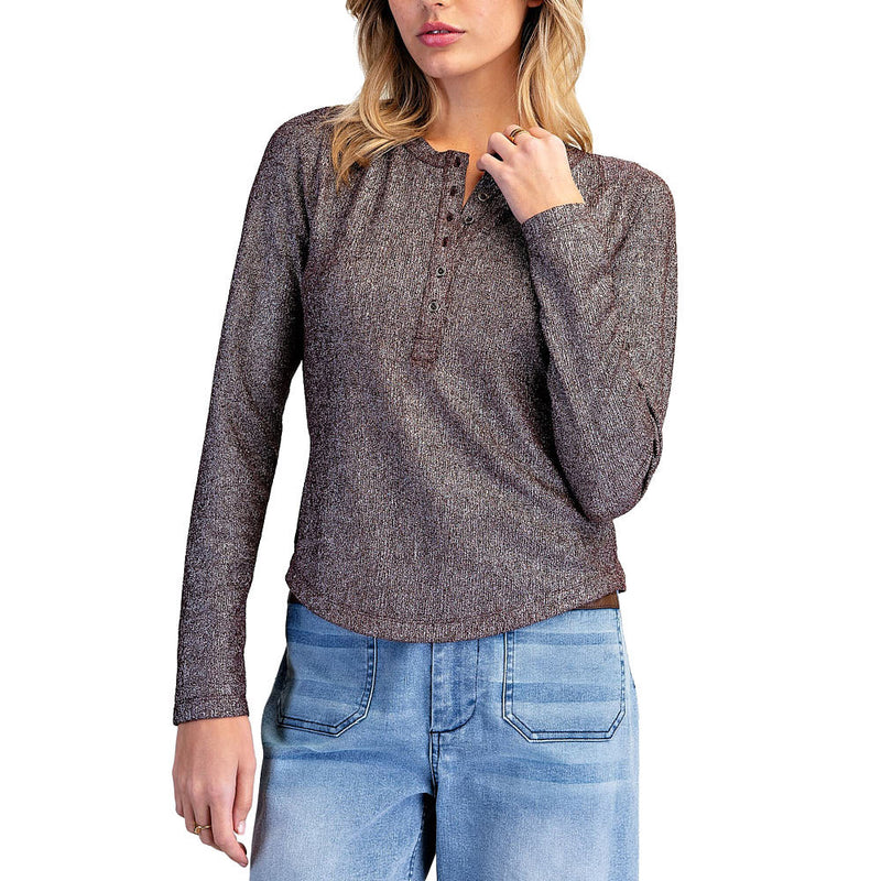 Ee Some Women's Dp Brown Metallic Henley Long Sleeve Top