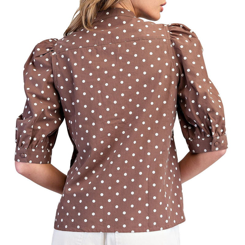 Ee Some Women's Mocha Polka Dot Puff Sleeve Top