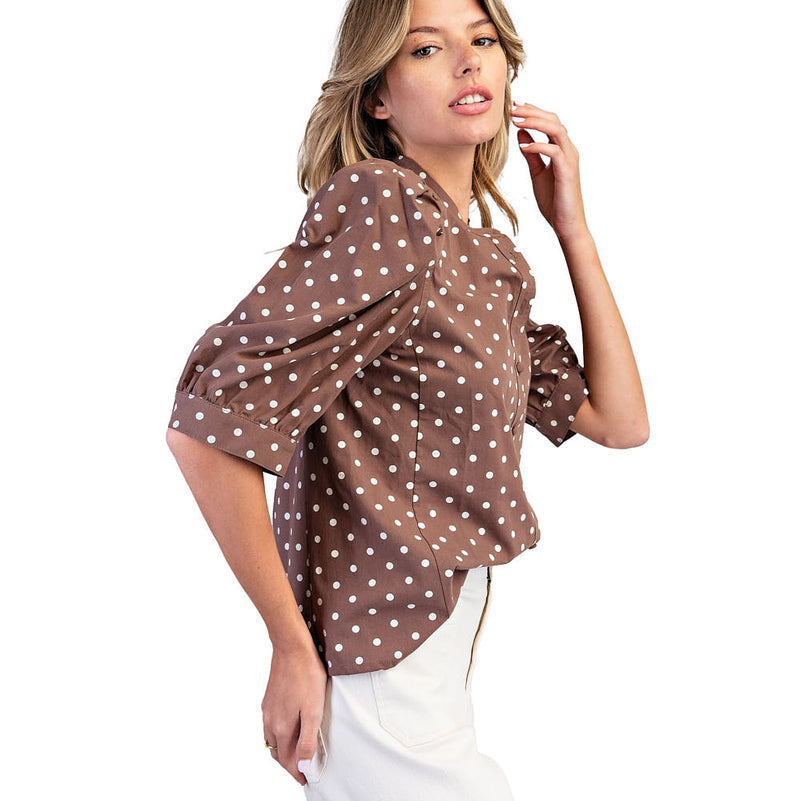 Ee Some Women's Mocha Polka Dot Puff Sleeve Top