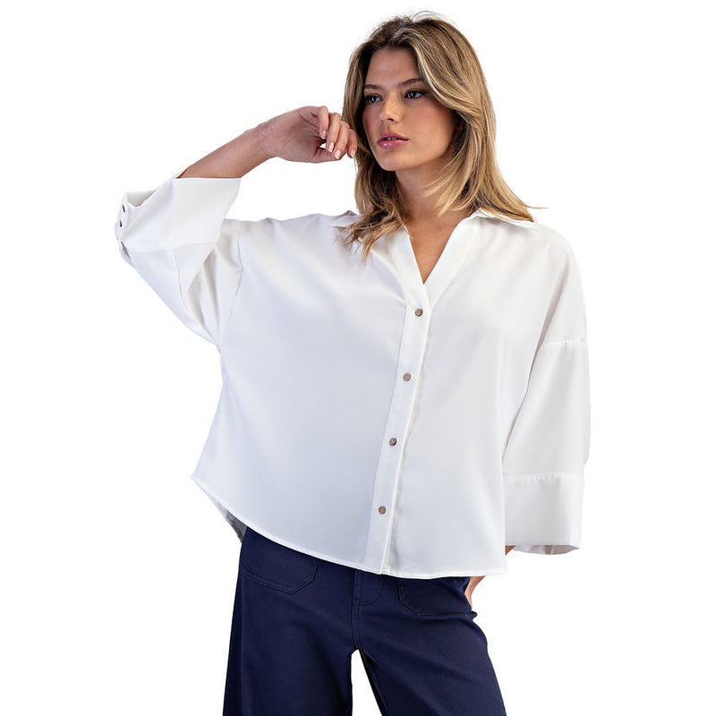 Ee Some Women's Off White Button Pleated Back Blouse