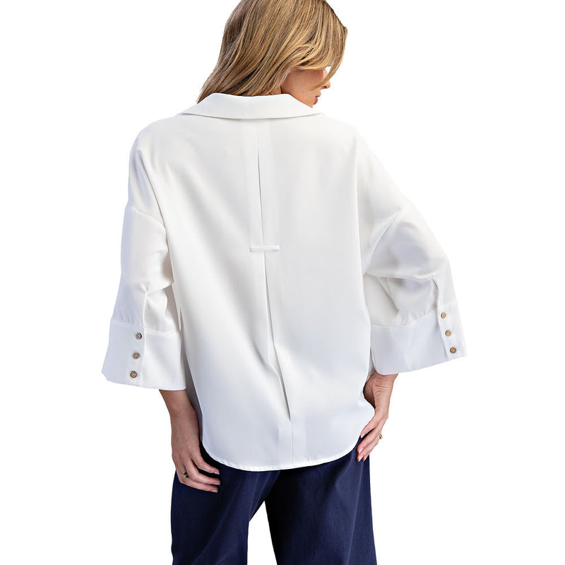 Ee Some Women's Off White Button Pleated Back Blouse