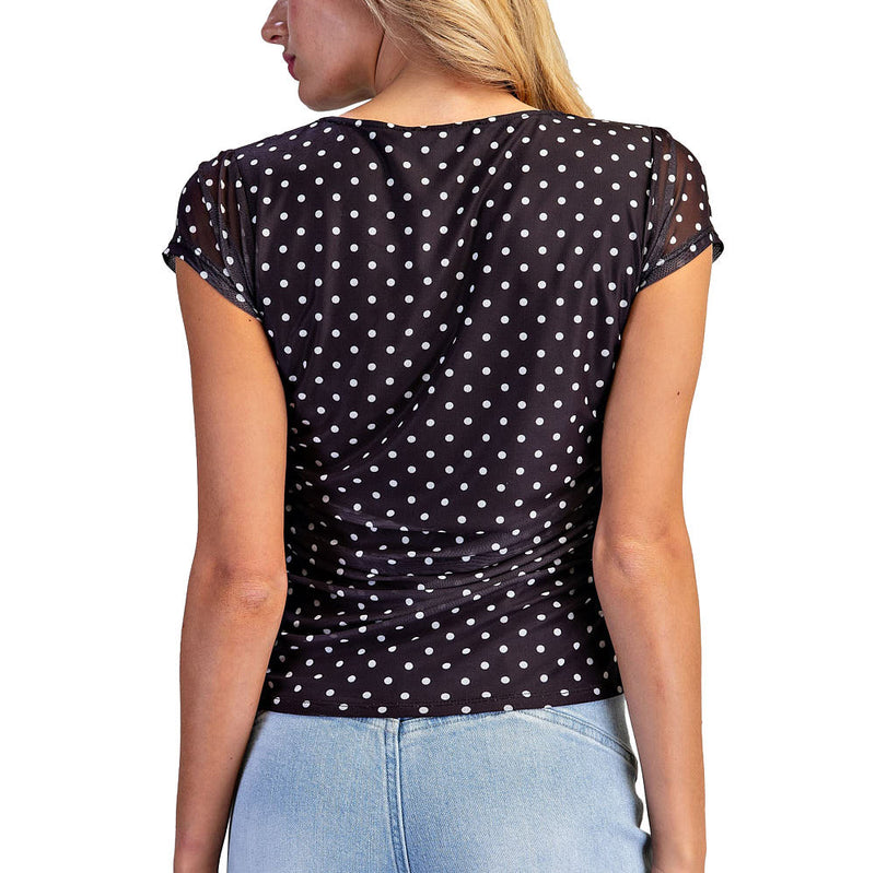 Ee Some Women's Black Polka Dot Ruched Mesh Top