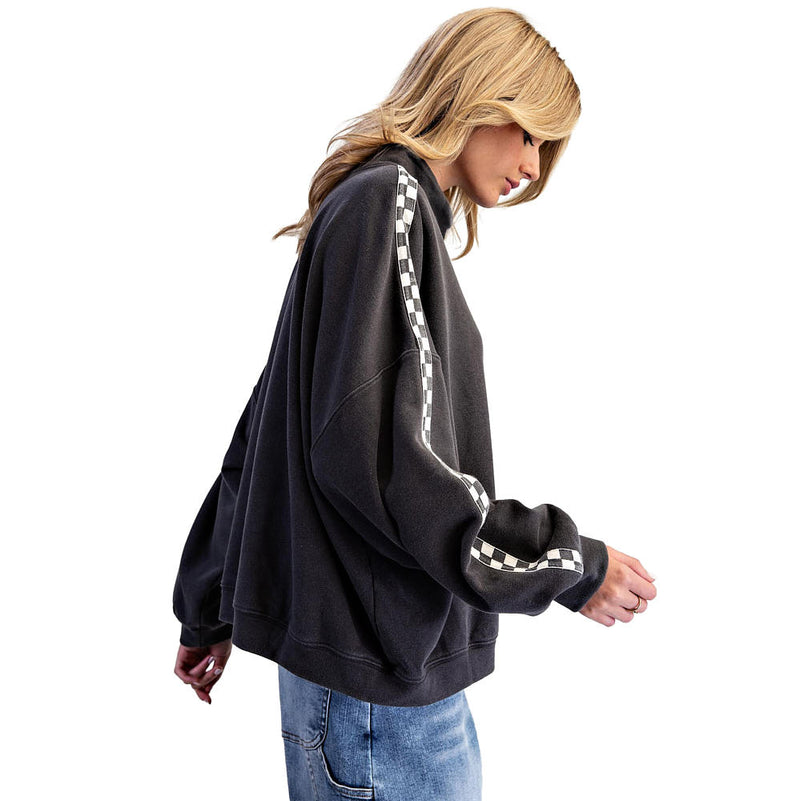 Ee Some Women's Ash Black Mineral Washed Checkered Pullover