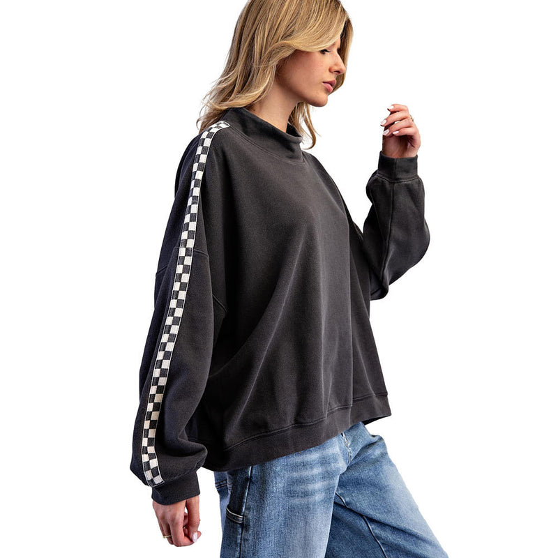 Ee Some Women's Ash Black Mineral Washed Checkered Pullover