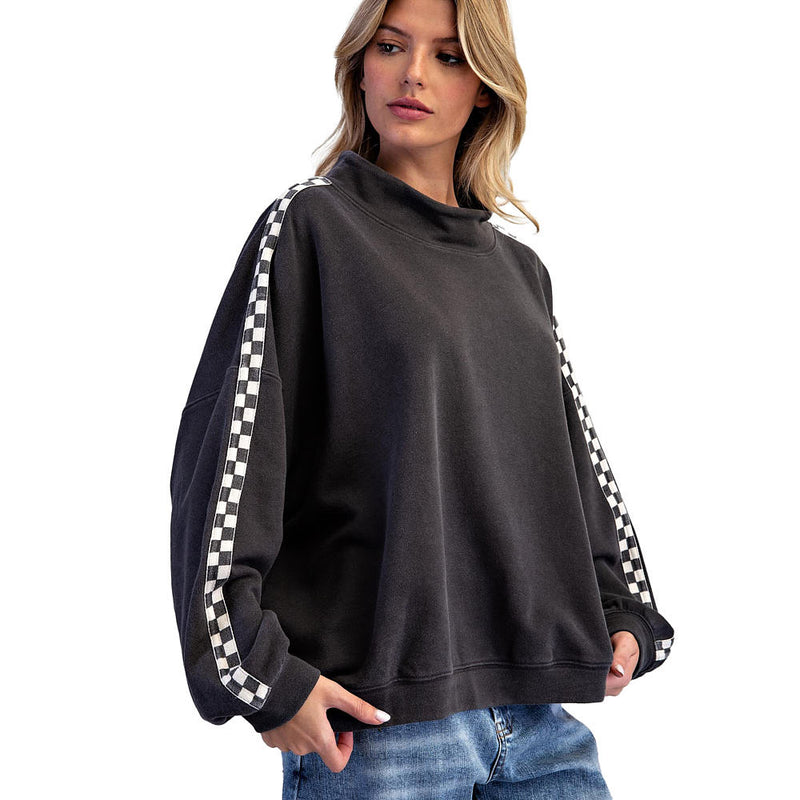 Ee Some Women's Ash Black Mineral Washed Checkered Pullover