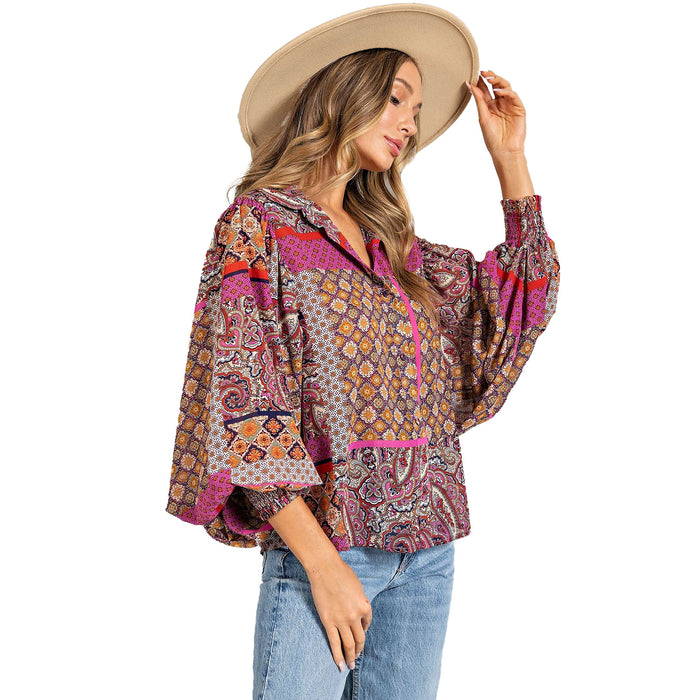 Ee Some Women's Hot Pink and Red Boho Puff Sleeve Top
