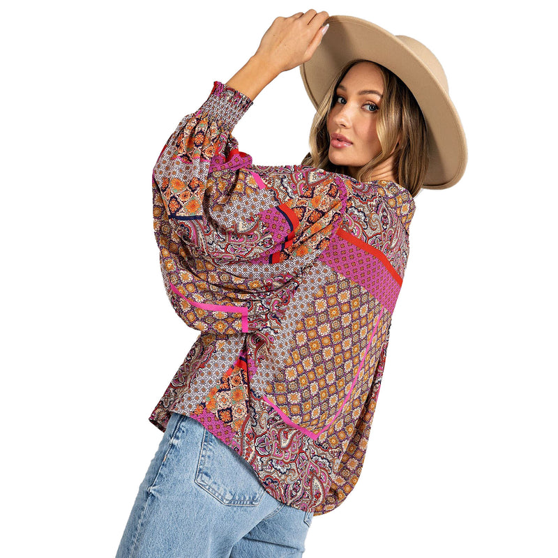 Ee Some Women's Hot Pink and Red Boho Puff Sleeve Top