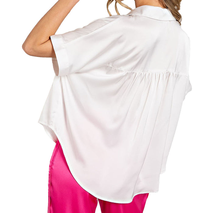 Ee Some Women's Off White Satin Button Top