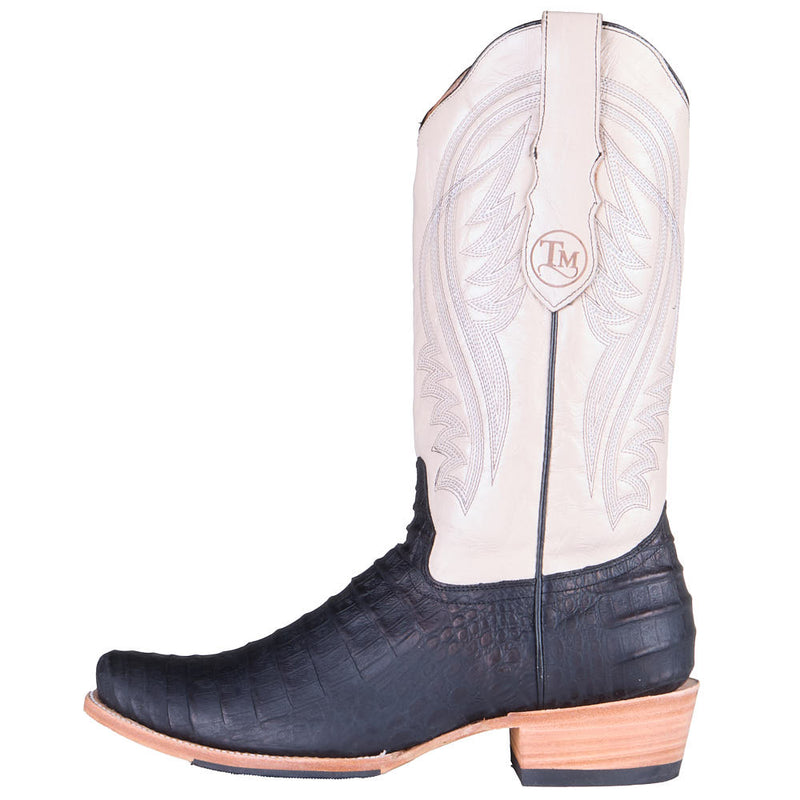 Tanner Mark Boots Men's Black Label Black Caiman Belly Print 12in Volcano Ivory Top