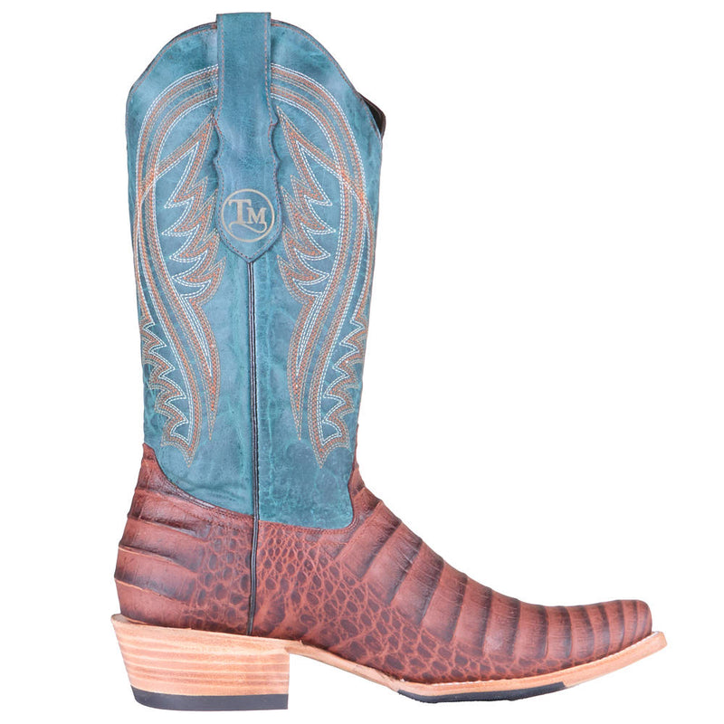 Tanner Mark Boots Men's Black Label Cognac Caiman Belly Print Vamp 12in Volcano Azul Top