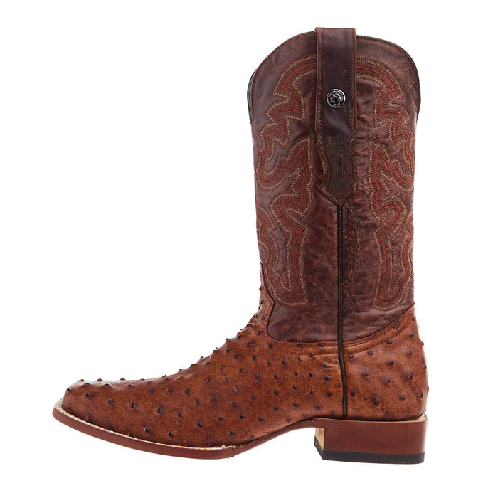 Tanner Mark Boots Men's Rustic Cognac Full Quill Ostrich Print Square Toe Cowboy Boot