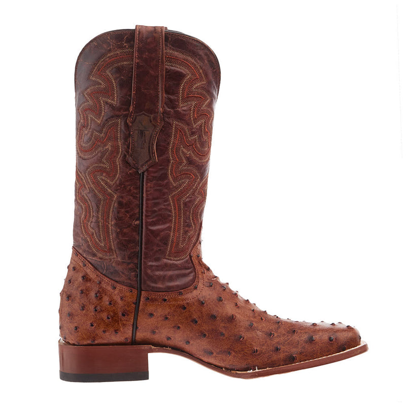 Tanner Mark Boots Men's Rustic Cognac Full Quill Ostrich Print Square Toe Cowboy Boot