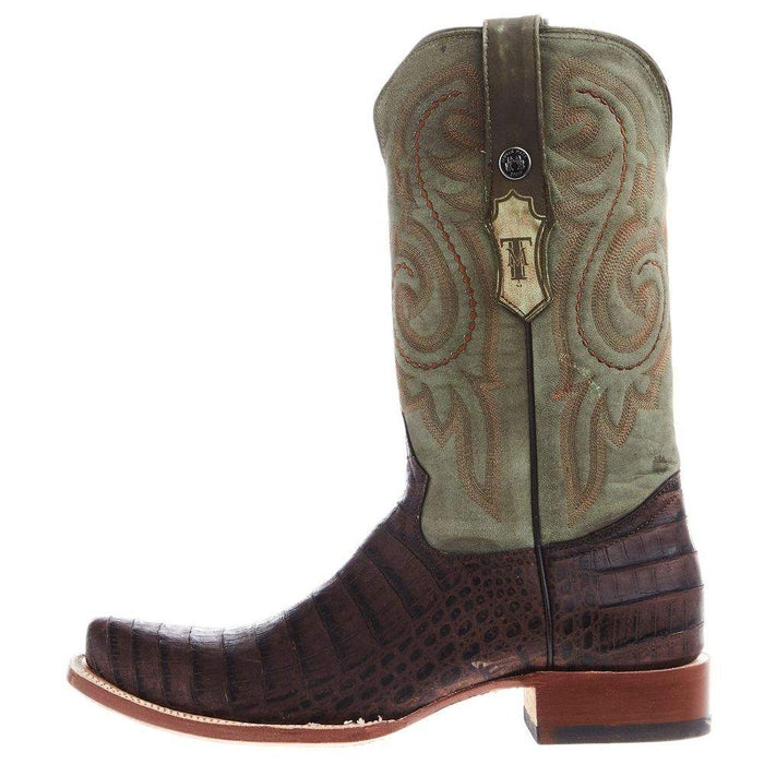 Tanner Mark Boots Men's Nicotine Caiman Tail Print 12in Cactus Green Top