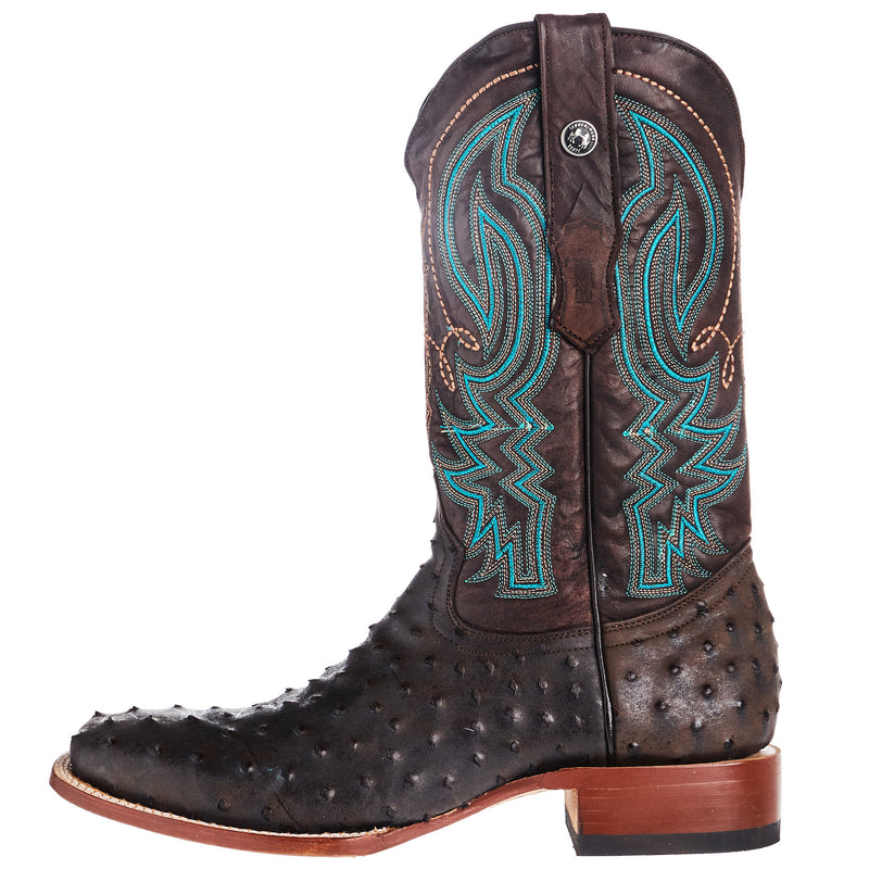 Tanner Mark Boots Men`s Black and Brown Ostrich Print 13In Brown Top Cowboy Boot