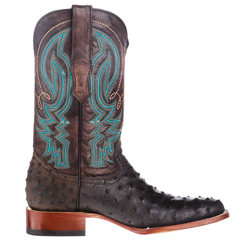 Tanner Mark Boots Men`s Black and Brown Ostrich Print 13In Brown Top Cowboy Boot