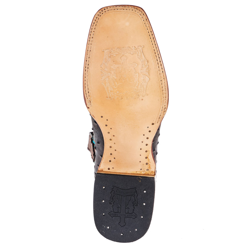 Tanner Mark Boots Men`s Black and Brown Ostrich Print 13In Brown Top Cowboy Boot