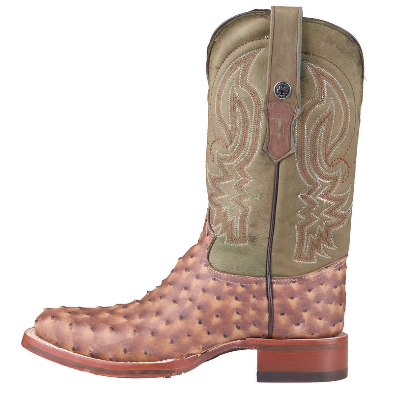 Tanner Mark Boots Men's Antique Ostrich Print Vamp 12in Cactus Green Top