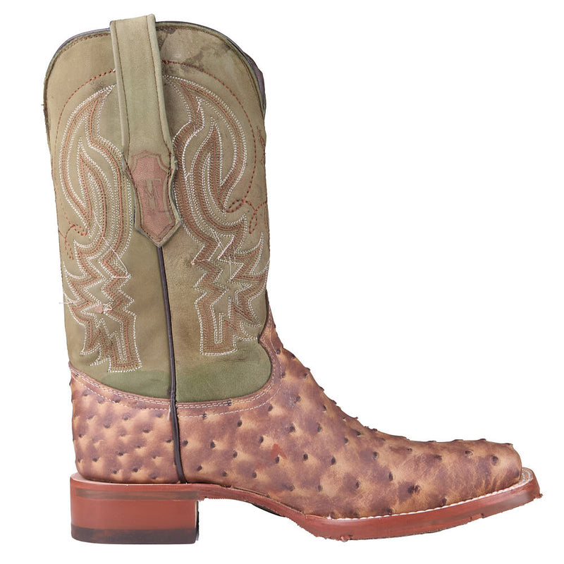 Tanner Mark Boots Men's Antique Ostrich Print Vamp 12in Cactus Green Top