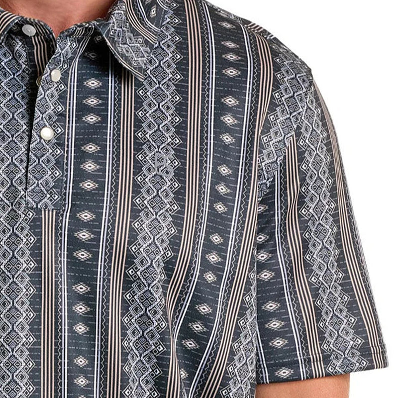 Panhandle Men's Black Aztec Wallpaper Stripe Polo