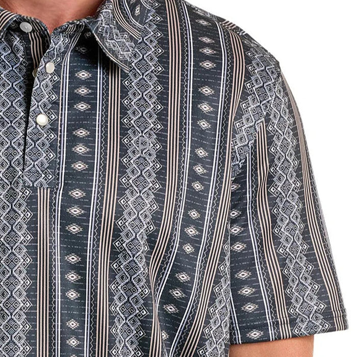 Panhandle Men's Black Aztec Wallpaper Stripe Polo