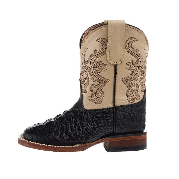 Tanner Mark Boots Kid's Black Hornback Caiman Print Vamp Vintage Tan Top